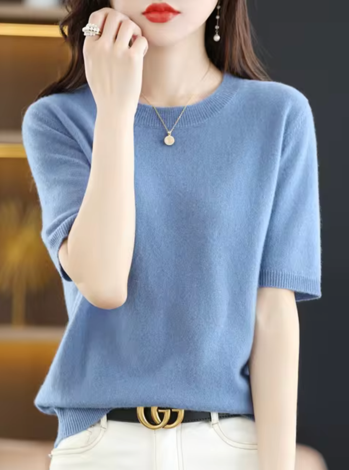 SUENTA Kurzärmliger Pullover aus Wolle Weiche Wärme Blau