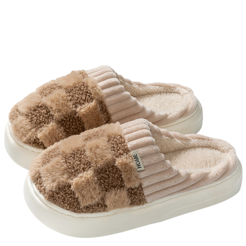 SUENTA Kuschelige Hausschuhe Unisex Kariertes Design Flauschig Braun