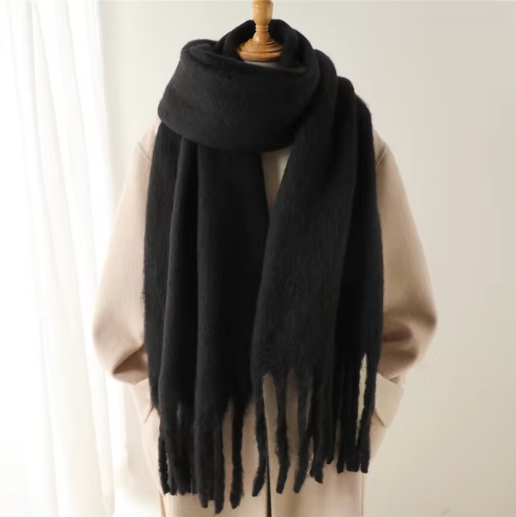 SUENTA Kaschmir-Winter-Schal cashmere-ähnlichem Stoff Lange Fransen Schwarz Einheitsgröße