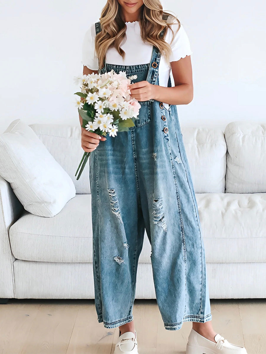 SUENTA Damen Denim Latzhose – Lockerer Distressed Overall aus Gewaschenem Denim