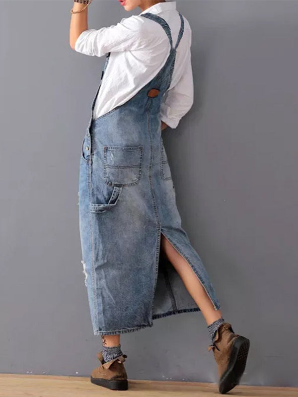 SUENTA Damen Denim Latzkleid – Distressed Overall aus Denimstoff mit Rückenschlitz