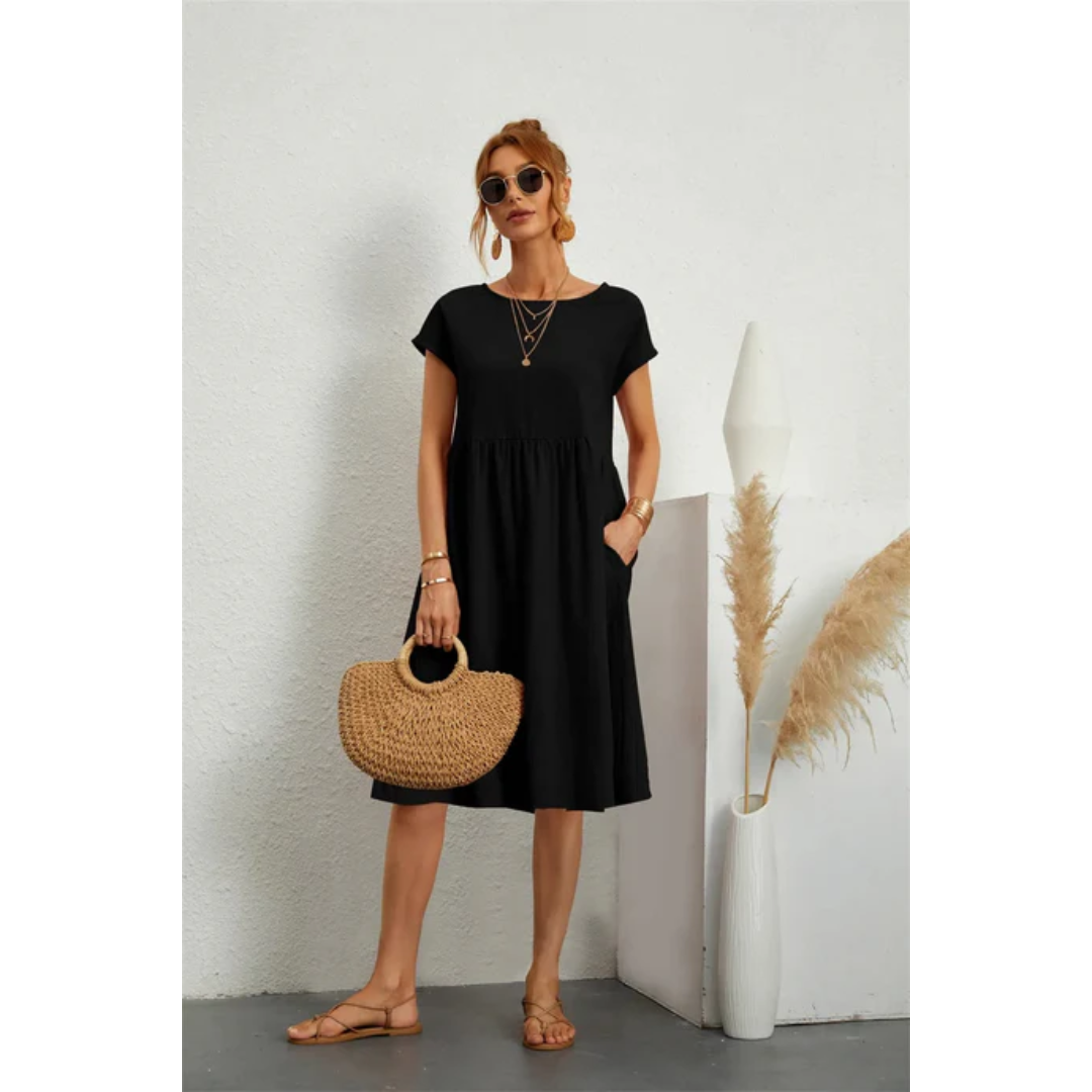SUENTA Damen Sommerkleid – Midi Kleid mit Kurzen Ärmeln aus Hochwertigem Stoff Schwarz