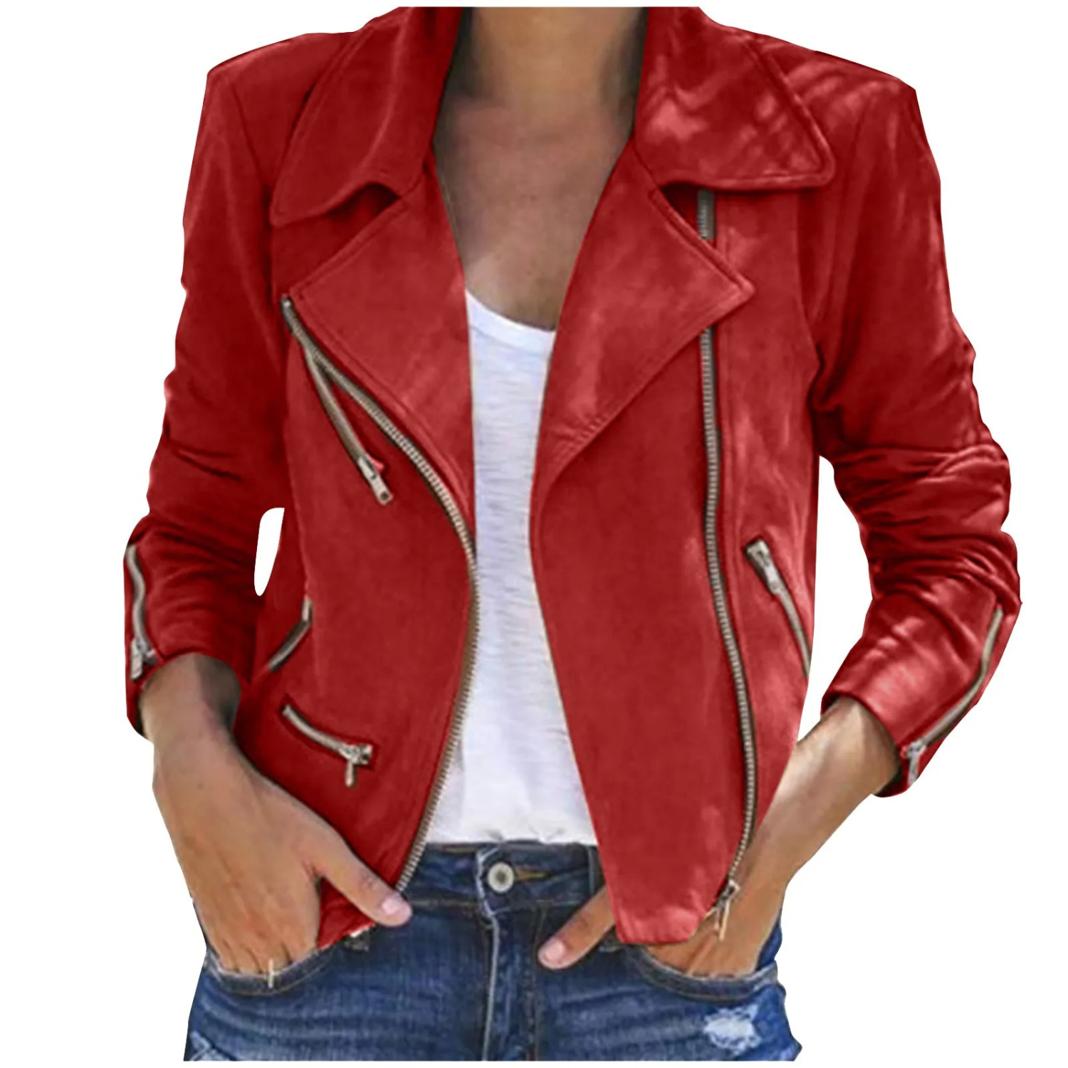 SUENTA Damen Reißverschluss Lederjacke Bequeme Alltagsjacke Rot