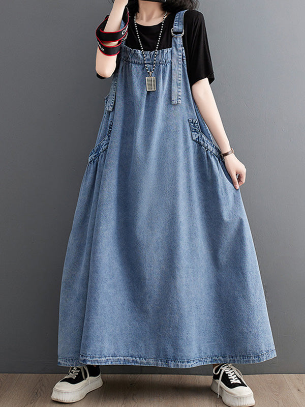 SUENTA Damen Denim Trägerkleid – Lockerer Overall aus Weichem Denim in Rockform