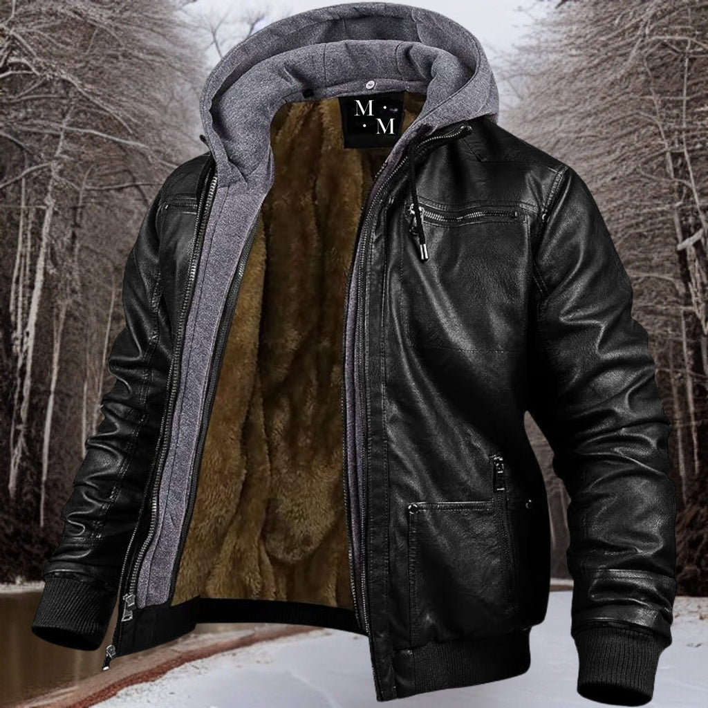 SUENTA Herrer Hochwertige Lederjacke Klassisches Design Schwarzer Samt