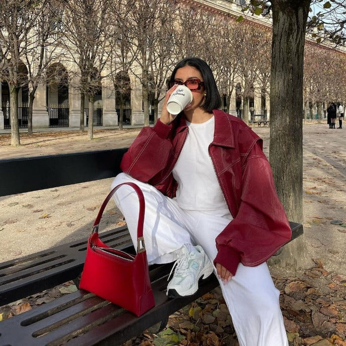 SUENTA Damen Rote Oversize Jacke Leder Strahlender Stil Mode Statement