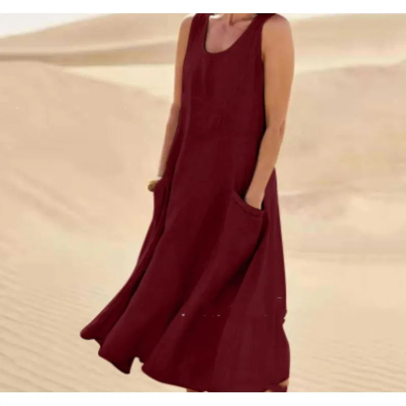 SUENTA Damen Sommerkleid mit Rundhals - Luftiges Midi-Kleid Weinrot