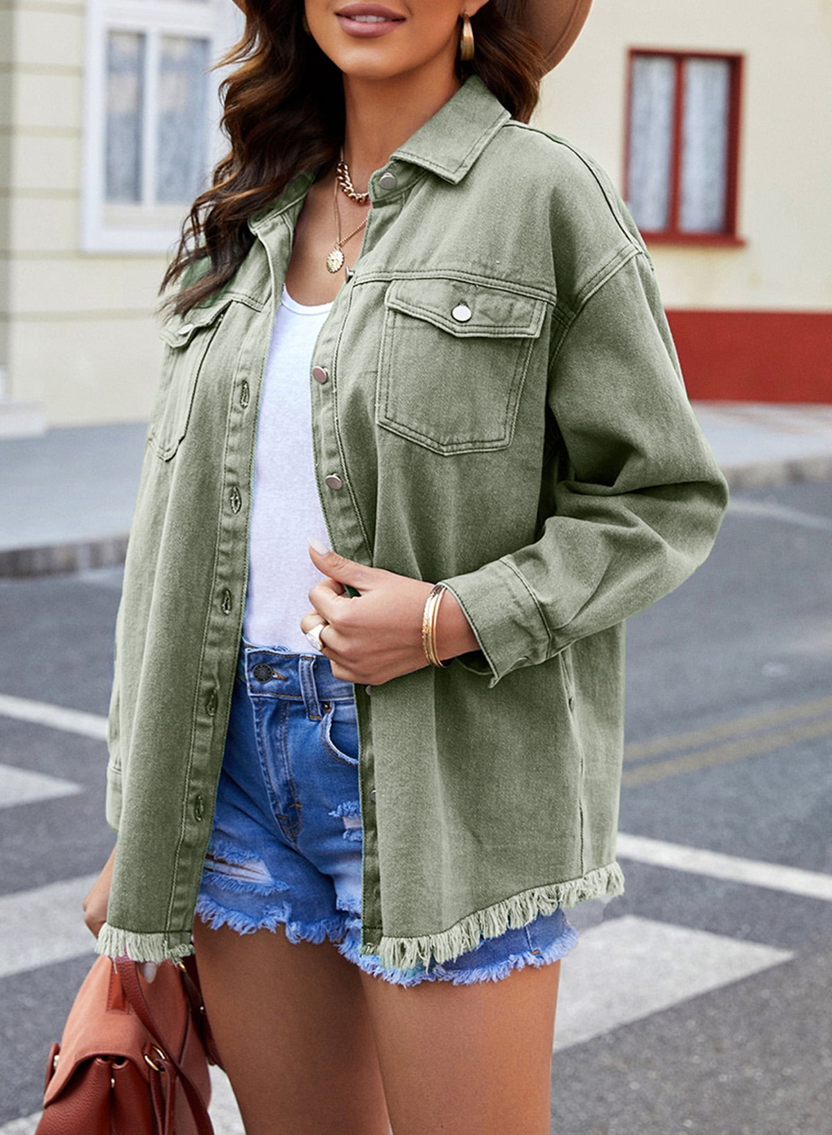 SUENTA Damen Jeansjacke Denim Ausgefransten Akzenten Fransen