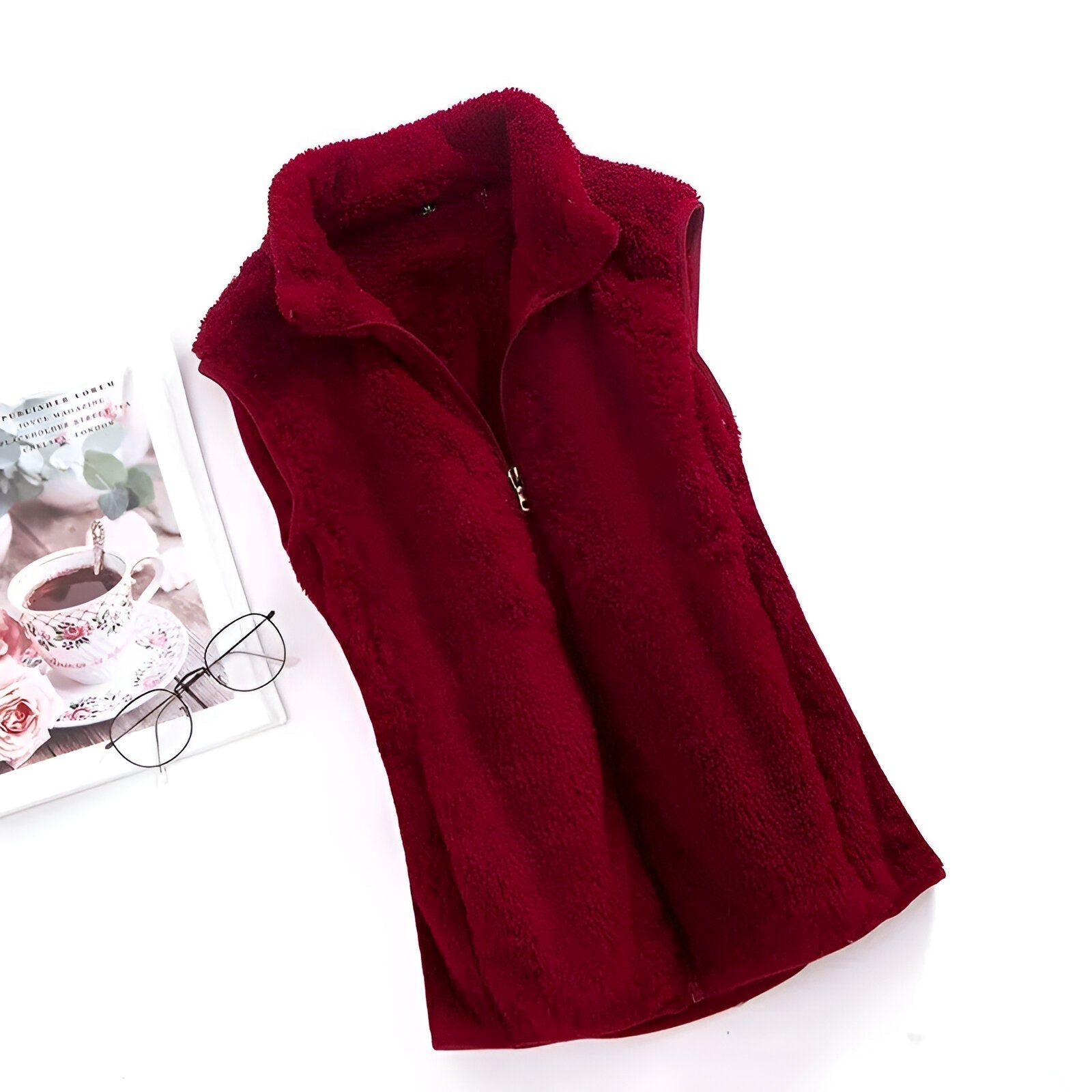 SUENTA Frauen Polar Fleece-Winterweste Ärmellose Weste Warm Weinrot