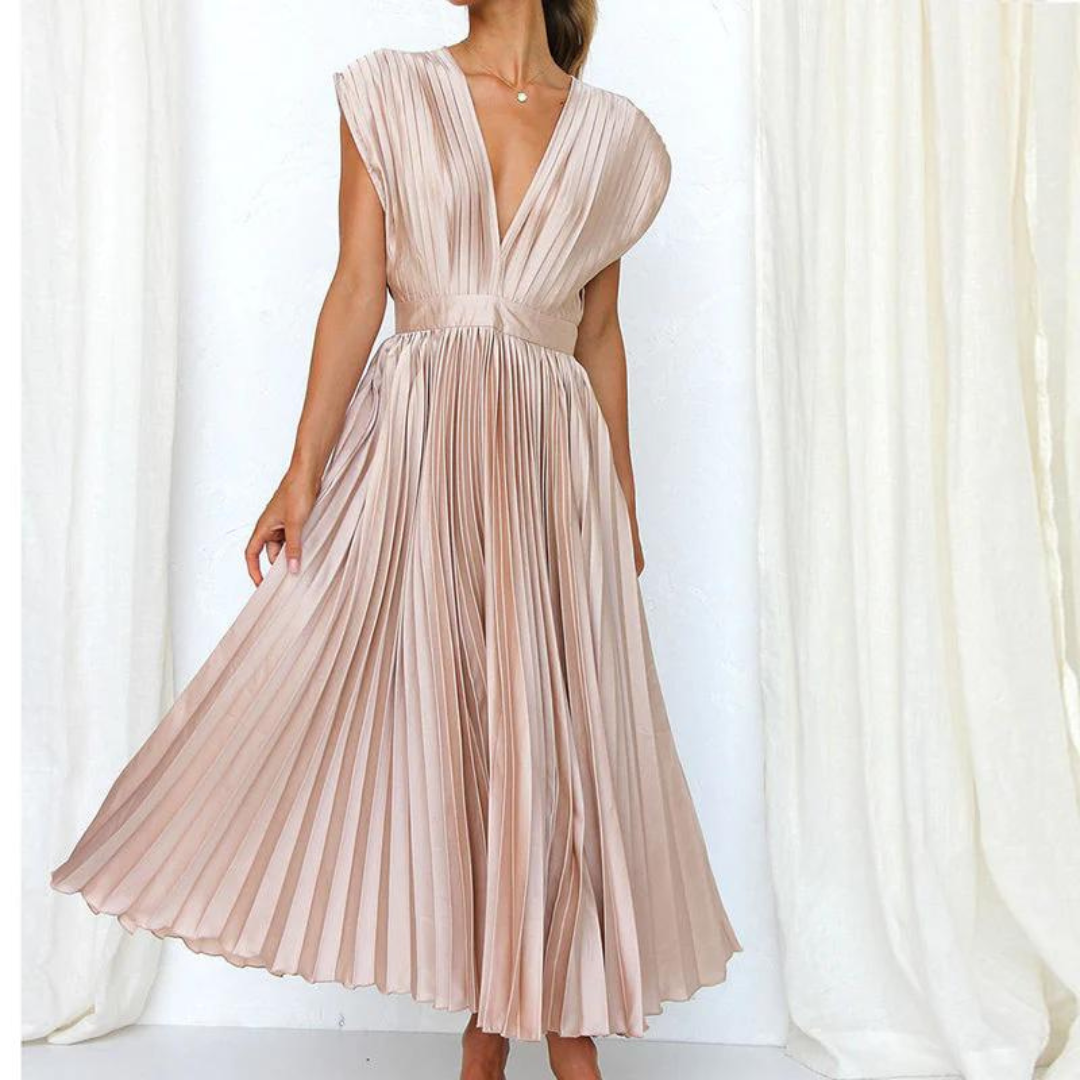 SUENTA Damen Abendkleid – Elegantes Midi Kleid mit V-Ausschnitt Champagner