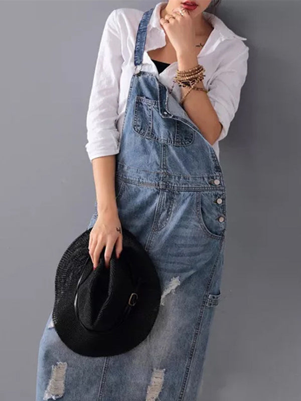 SUENTA Damen Denim Latzkleid – Distressed Overall aus Denimstoff mit Rückenschlitz