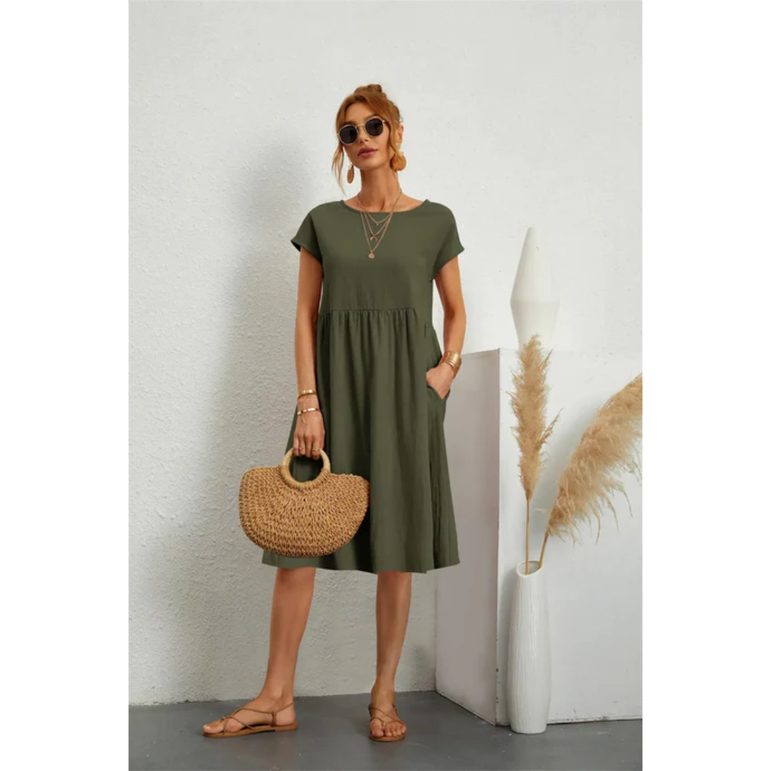 SUENTA Damen Sommerkleid – Midi Kleid mit Kurzen Ärmeln aus Hochwertigem Stoff Armeegrün