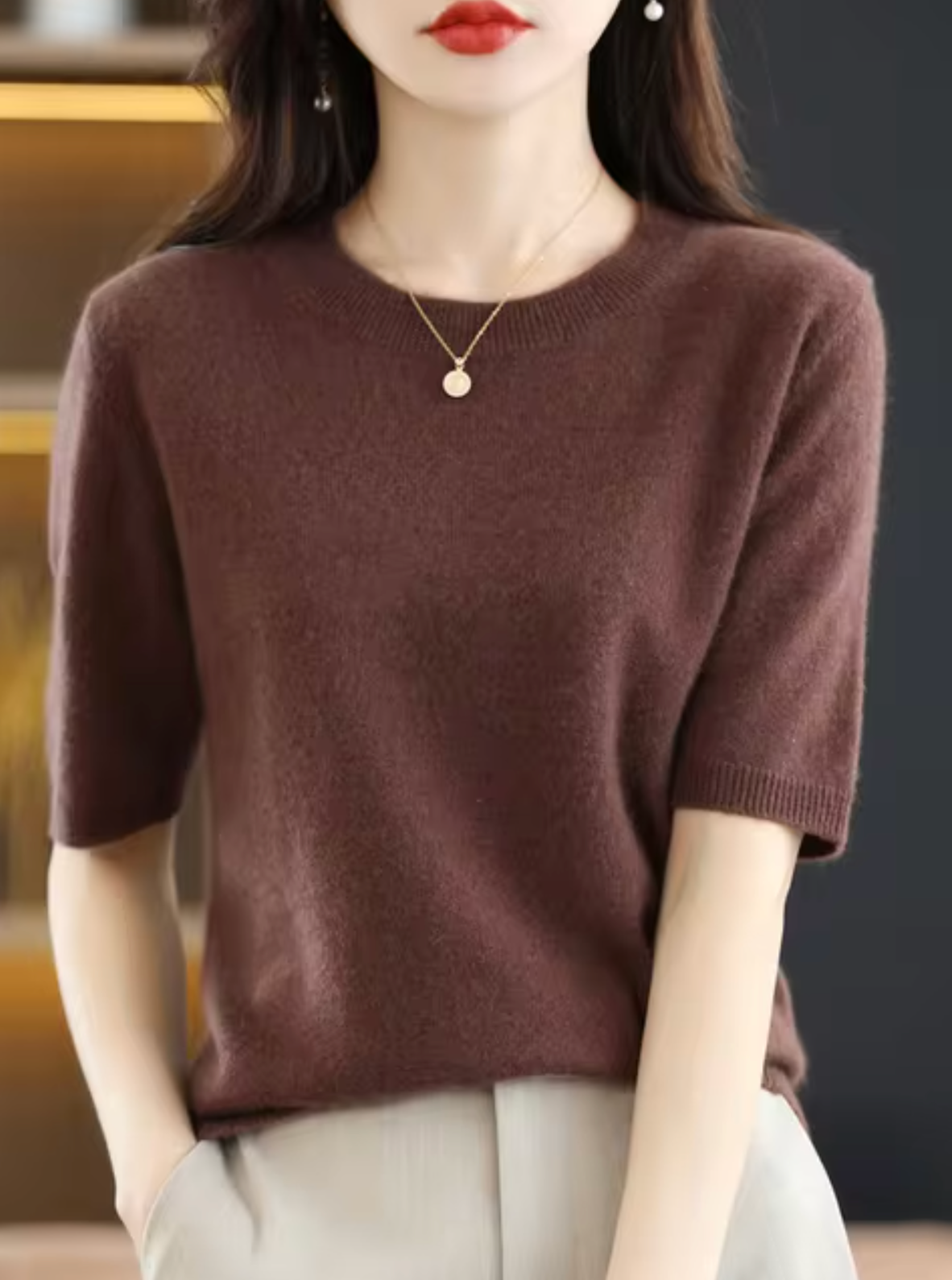 SUENTA Kurzärmliger Pullover aus Wolle Weiche Wärme Braun