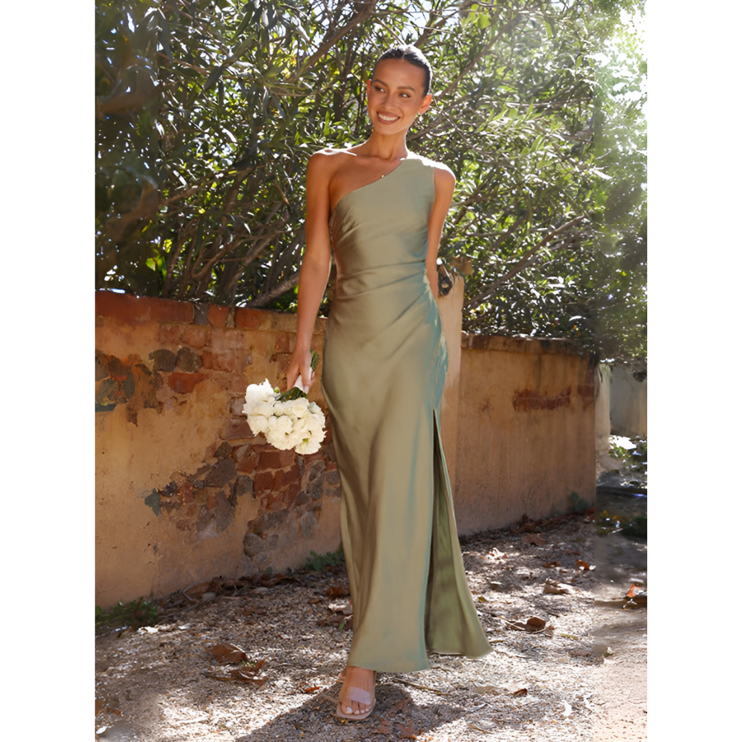 SUENTA Damen Maxi Kleid – Asymmetrisches Ein-Schulter Hochzeitsgastkleid Grün