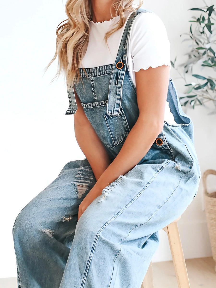 SUENTA Damen Denim Latzhose – Lockerer Distressed Overall aus Gewaschenem Denim