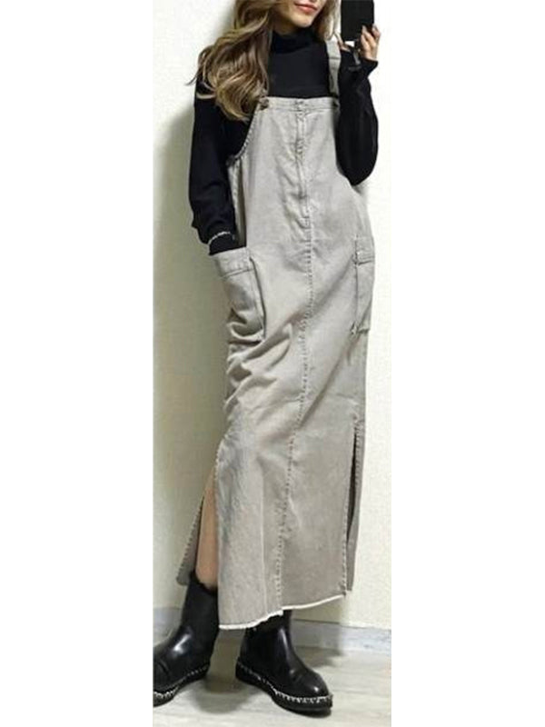 SUENTA Damen Overall Kleid – Lässiger Einteiler mit Seitenschlitzen und Eleganter Optik Hellgrau