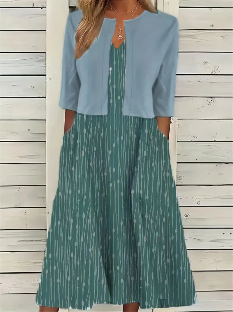 SUENTA Damen Zweiteiler Set – Blumenkleid mit Einfarbigem Crop-Top Hellblau