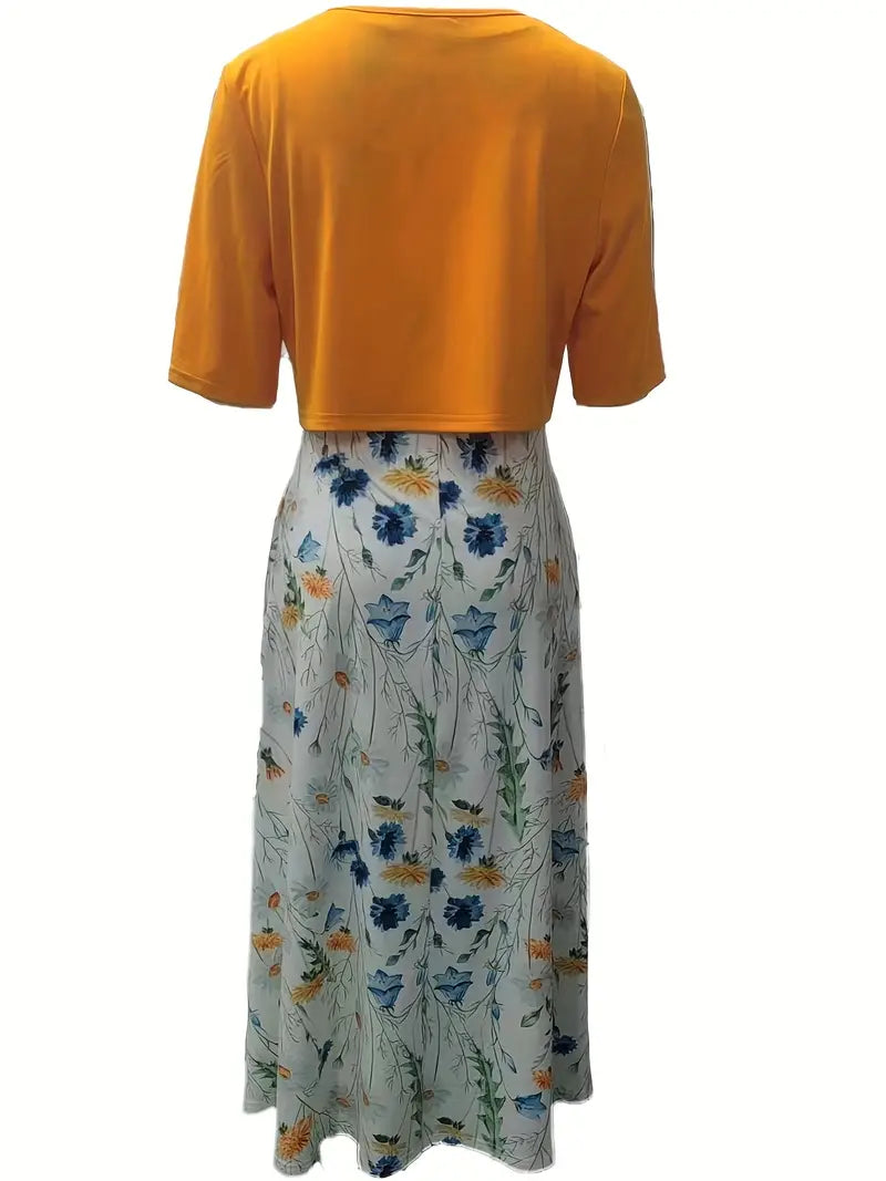 SUENTA Damen Zweiteiler Set – Blumenkleid mit Einfarbigem Crop-Top