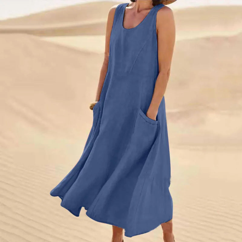 SUENTA Damen Sommerkleid mit Rundhals - Luftiges Midi-Kleid Dunkelblau