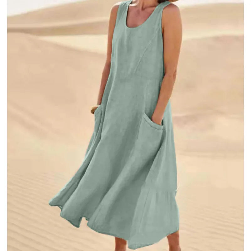 SUENTA Damen Sommerkleid mit Rundhals - Luftiges Midi-Kleid Grün