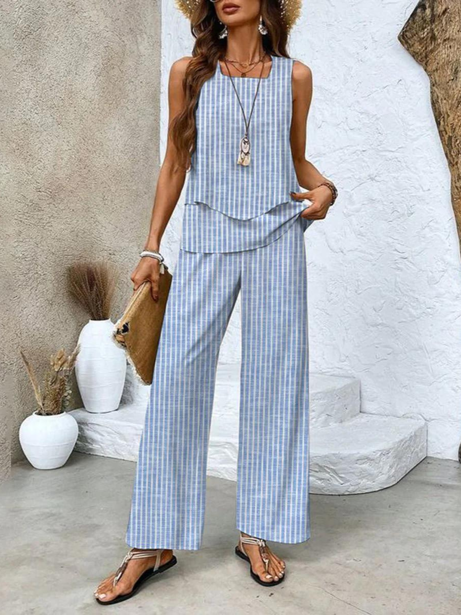 SUENTA Damen Sommer Zweiteiler – Elegantes Set mit Blauem Blumenmuster Gestreift