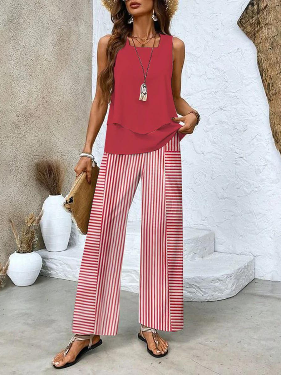SUENTA Damen Sommer Zweiteiler – Elegantes Set mit Blauem Blumenmuster Rot