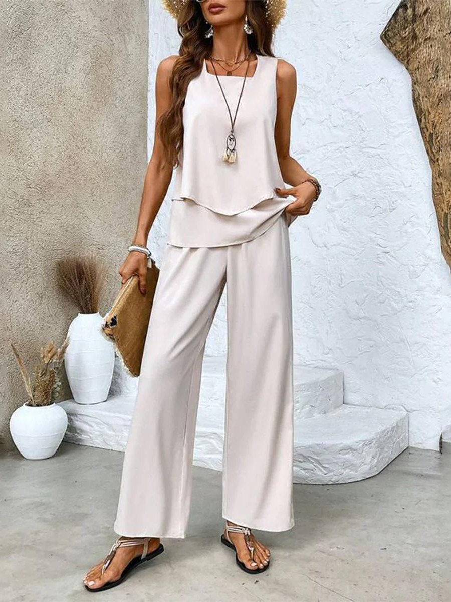 SUENTA Damen Sommer Zweiteiler – Elegantes Set mit Blauem Blumenmuster Khaki