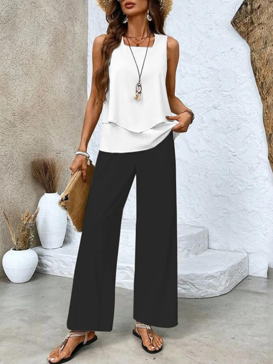 SUENTA Damen Sommer Zweiteiler – Elegantes Set mit Blauem Blumenmuster Schwarz