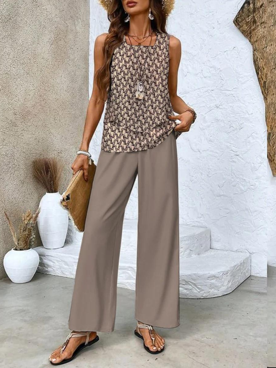 SUENTA Damen Sommer Zweiteiler – Elegantes Set mit Blauem Blumenmuster Braun