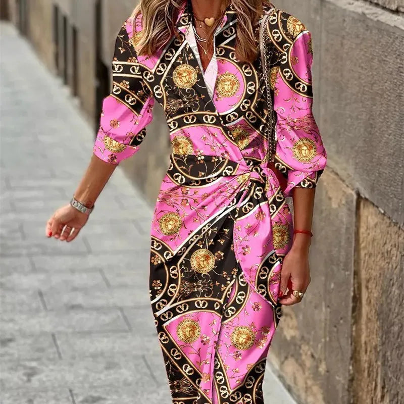 SUENTA Damen Wickelkleid – Elegantes Kleid mit 3/4-Ärmeln für Viele Anlässe Dunkelrosa Kette
