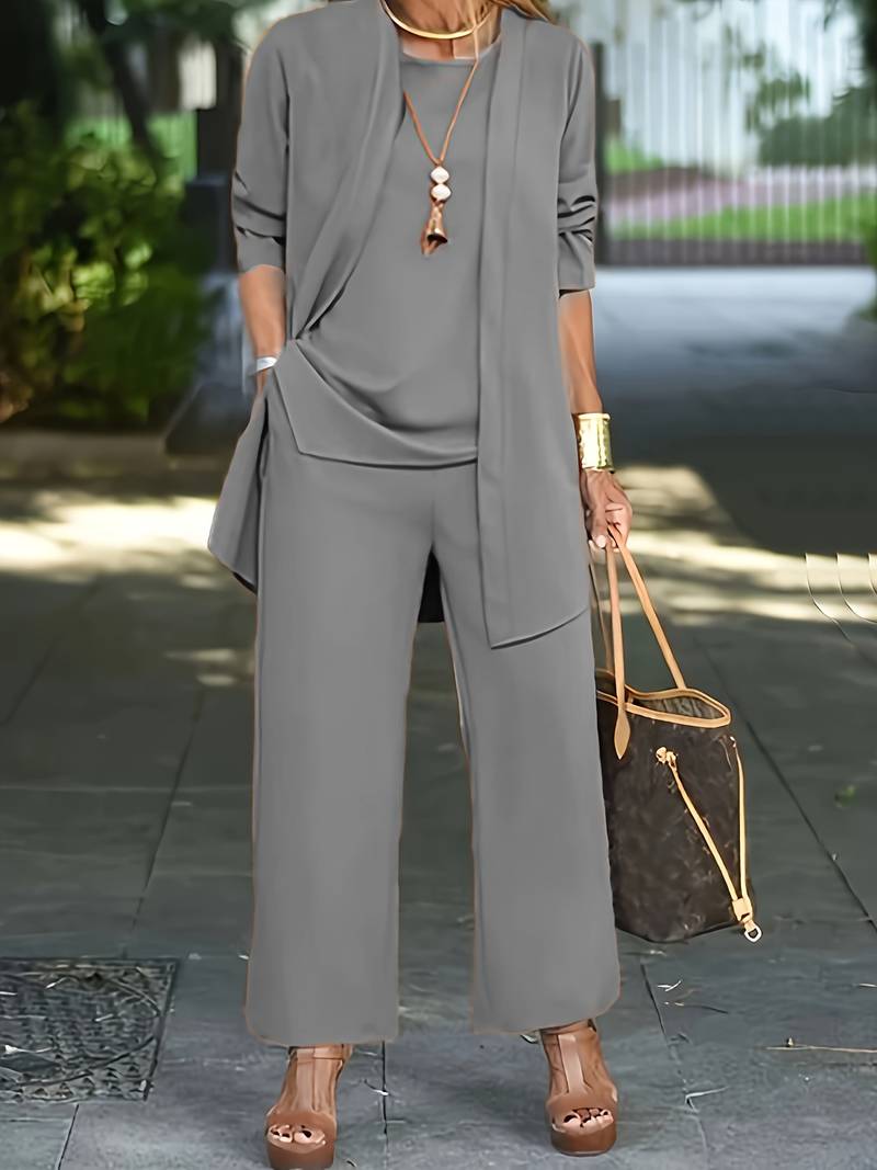 SUENTA Damen Zweiteiler Set – Weiche Stoff Weste mit Langer Hose Grau