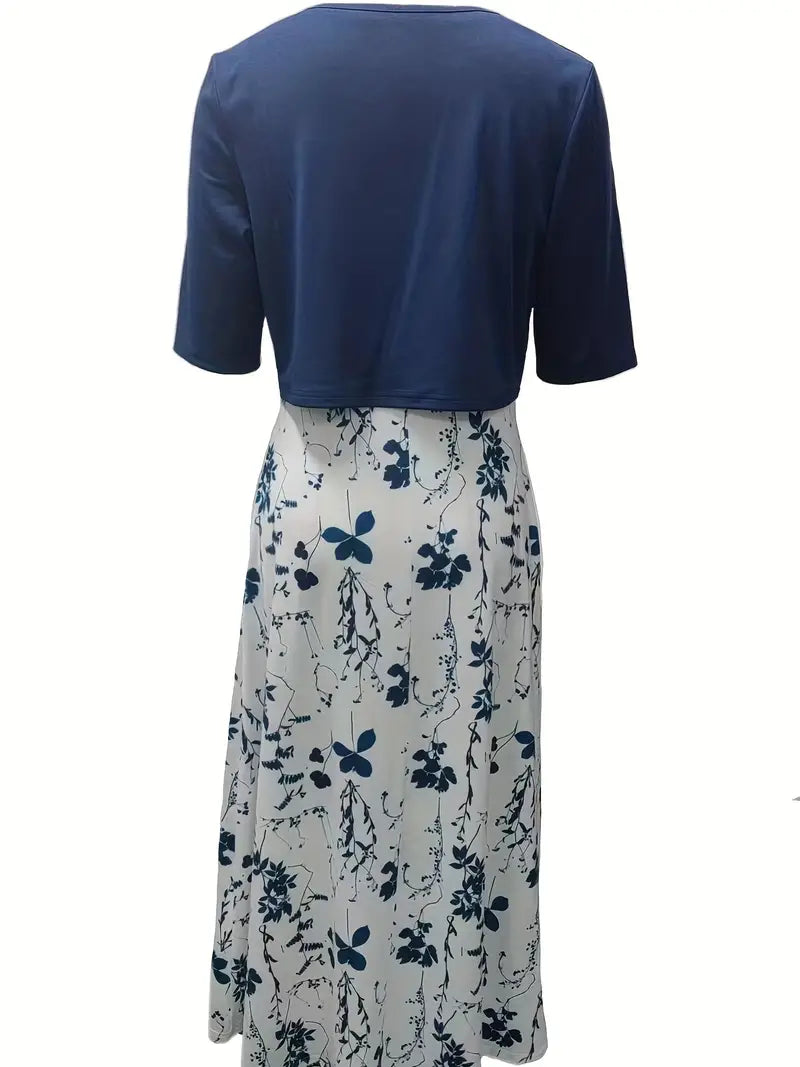 SUENTA Damen Zweiteiler Set – Blumenkleid mit Einfarbigem Crop-Top