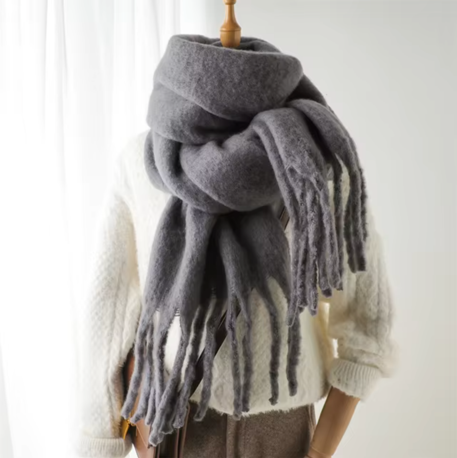 SUENTA Kaschmir-Winter-Schal cashmere-ähnlichem Stoff Lange Fransen Grau Einheitsgröße