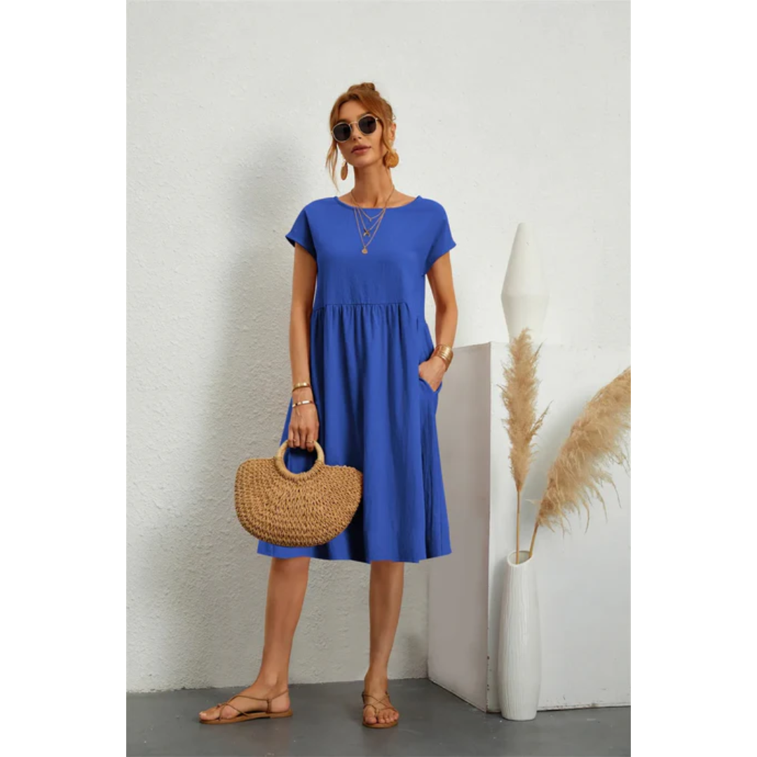 SUENTA Damen Sommerkleid – Midi Kleid mit Kurzen Ärmeln aus Hochwertigem Stoff Blau