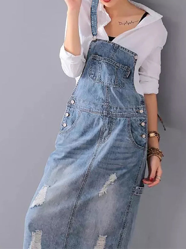 SUENTA Damen Denim Latzkleid – Distressed Overall aus Denimstoff mit Rückenschlitz