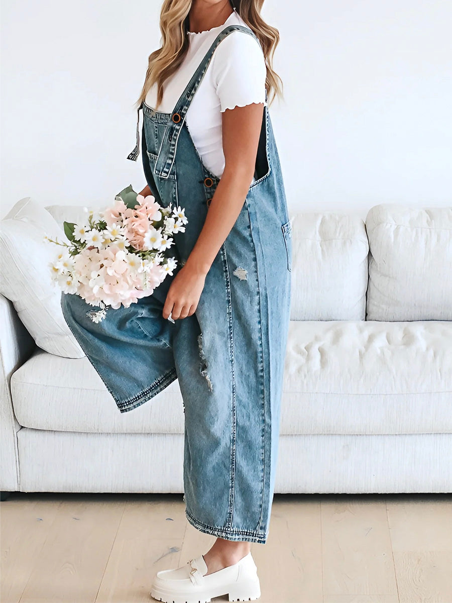 SUENTA Damen Denim Latzhose – Lockerer Distressed Overall aus Gewaschenem Denim