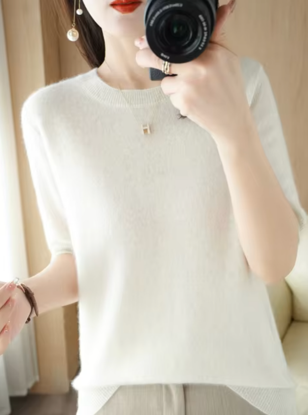 SUENTA Kurzärmliger Pullover aus Wolle Weiche Wärme Beige