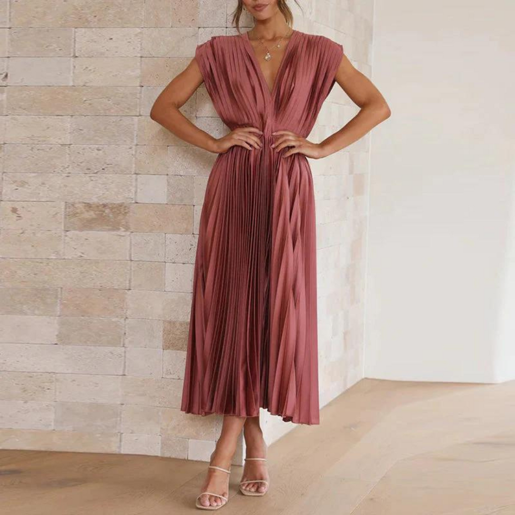 SUENTA Damen Abendkleid – Elegantes Midi Kleid mit V-Ausschnitt Rosa Rot