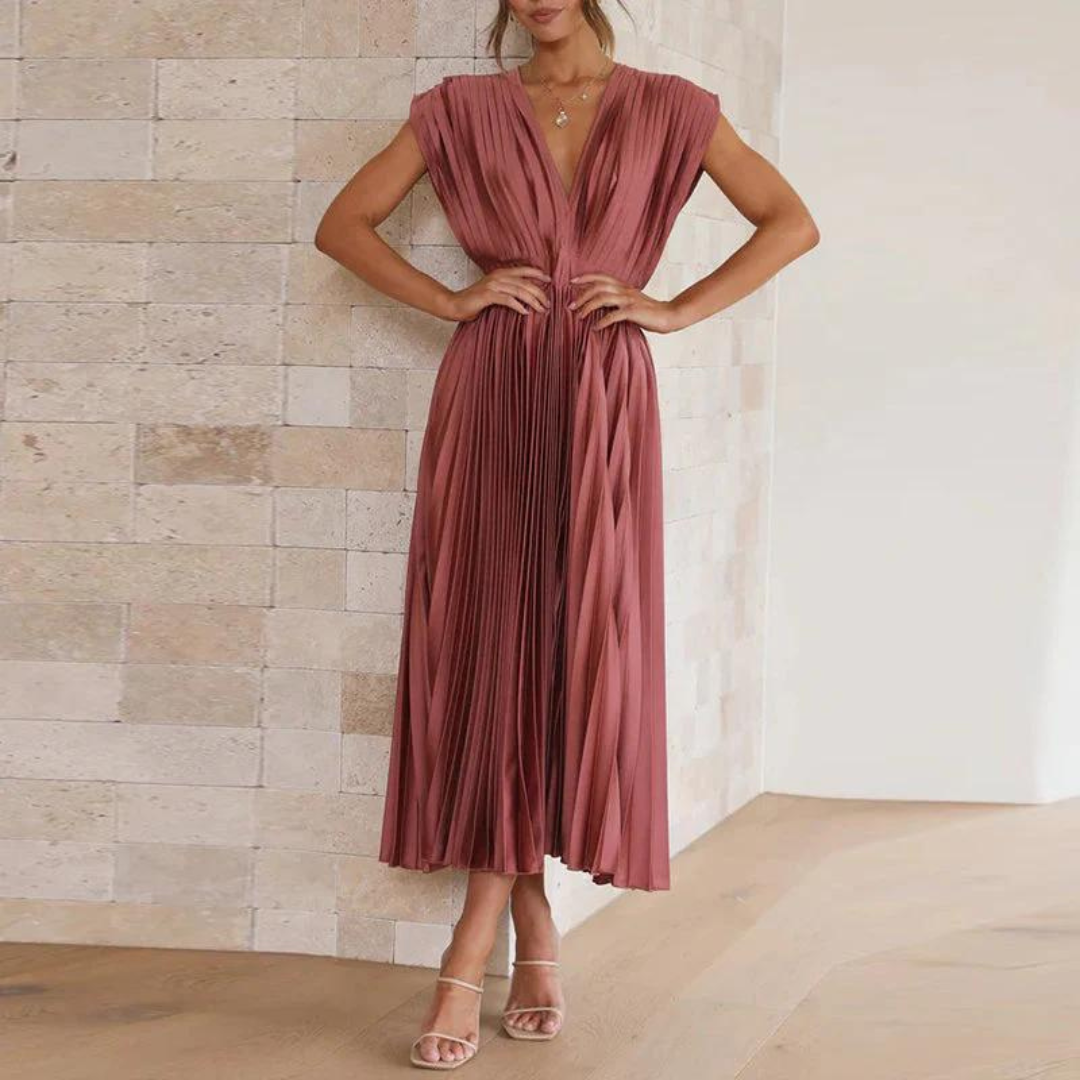 SUENTA Damen Abendkleid – Elegantes Midi Kleid mit V-Ausschnitt Rosa Rot