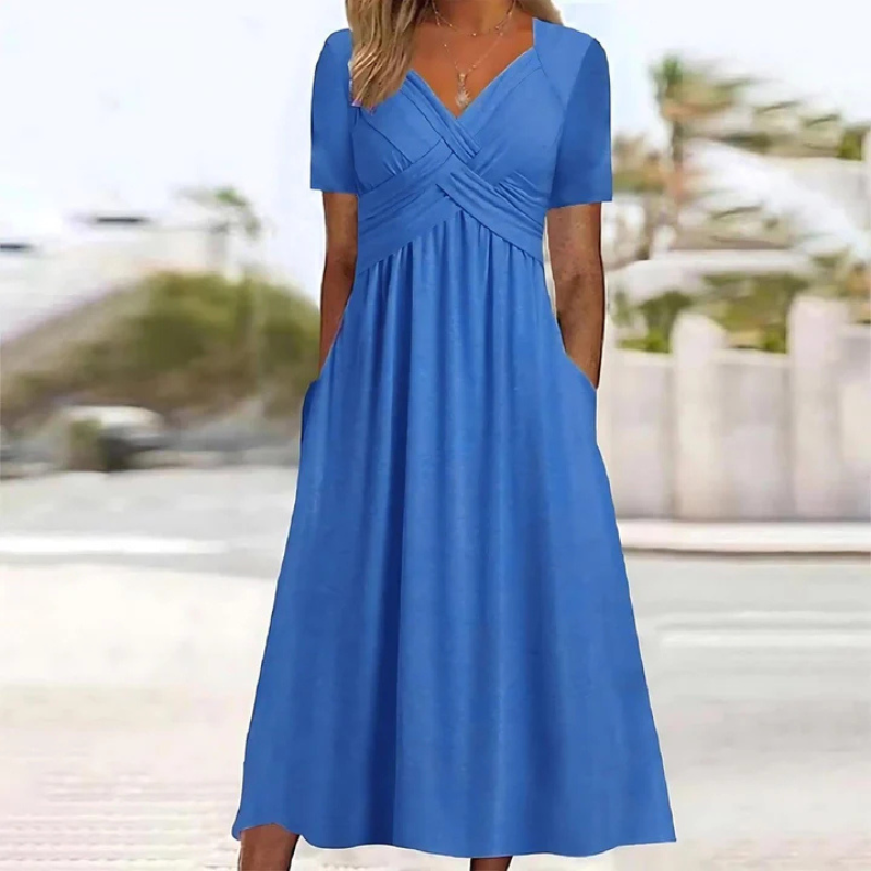 SUENTA Damen Weiches Midi-Kleid - A-Linie mit V-Ausschnitt Blau