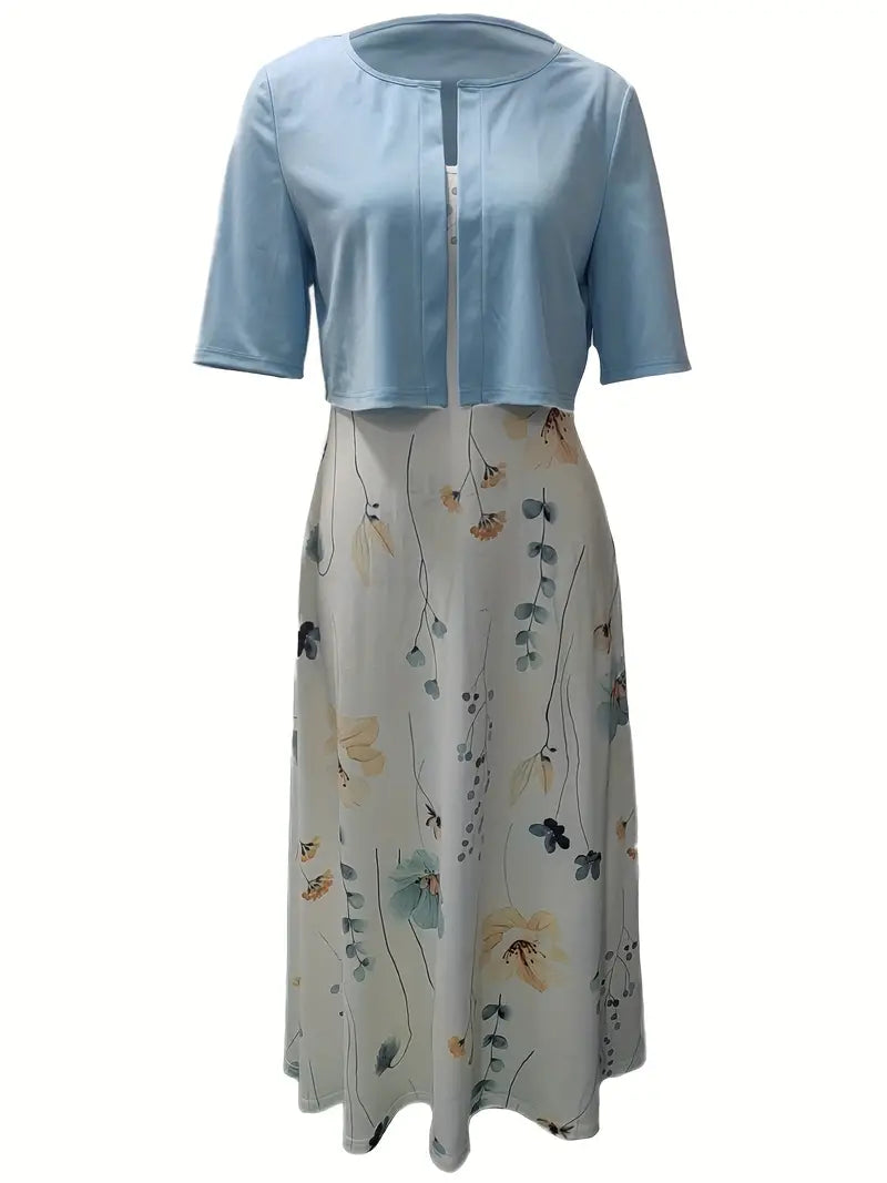 SUENTA Damen Zweiteiler Set – Blumenkleid mit Einfarbigem Crop-Top
