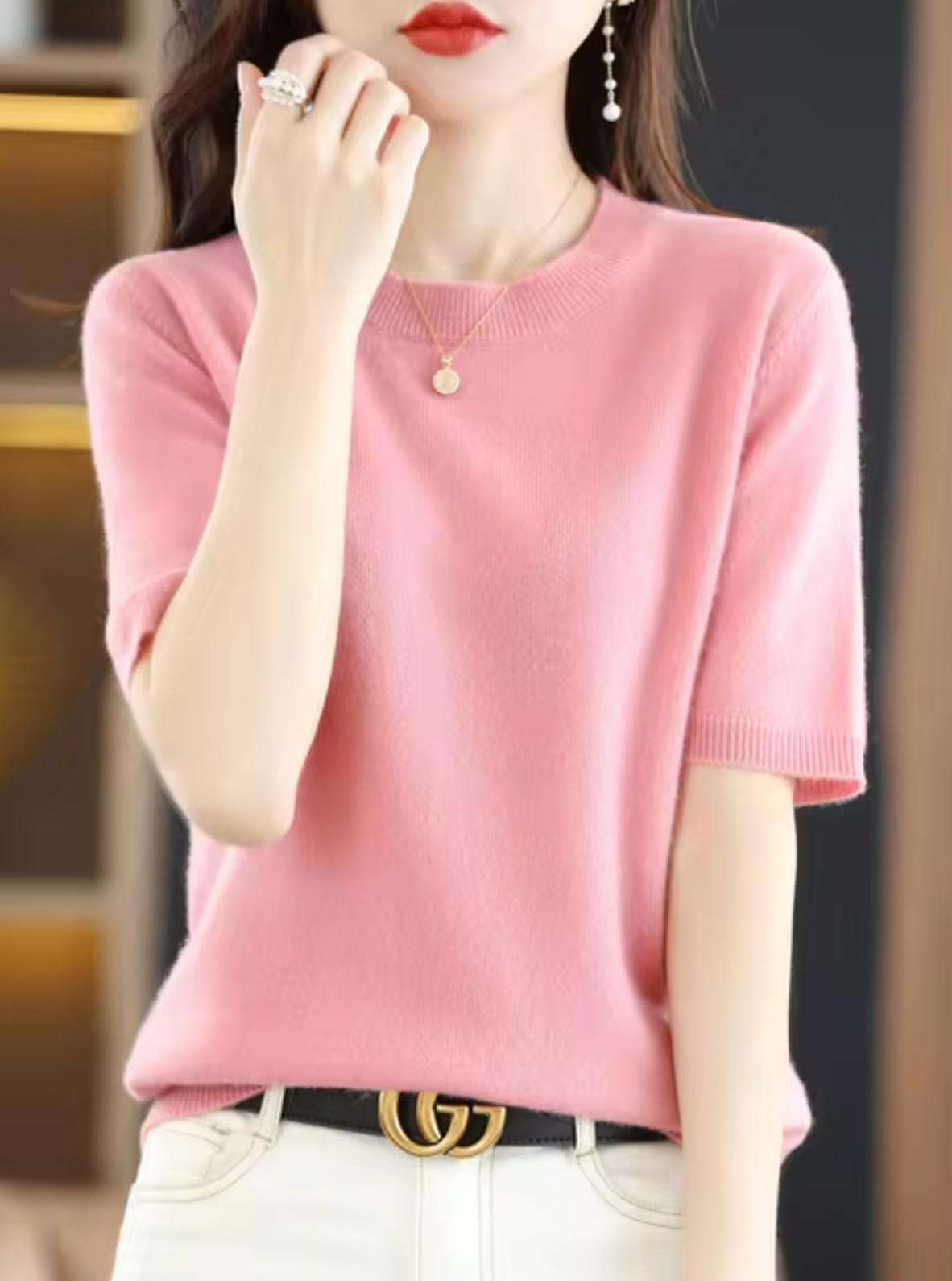 SUENTA Kurzärmliger Pullover aus Wolle Weiche Wärme Rosa