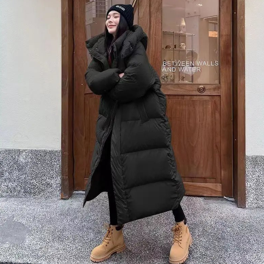 SUENTA Heartbeats Damen Lange Pufferjacke - Warm und Gemütlich mit Kapuze Schwarz