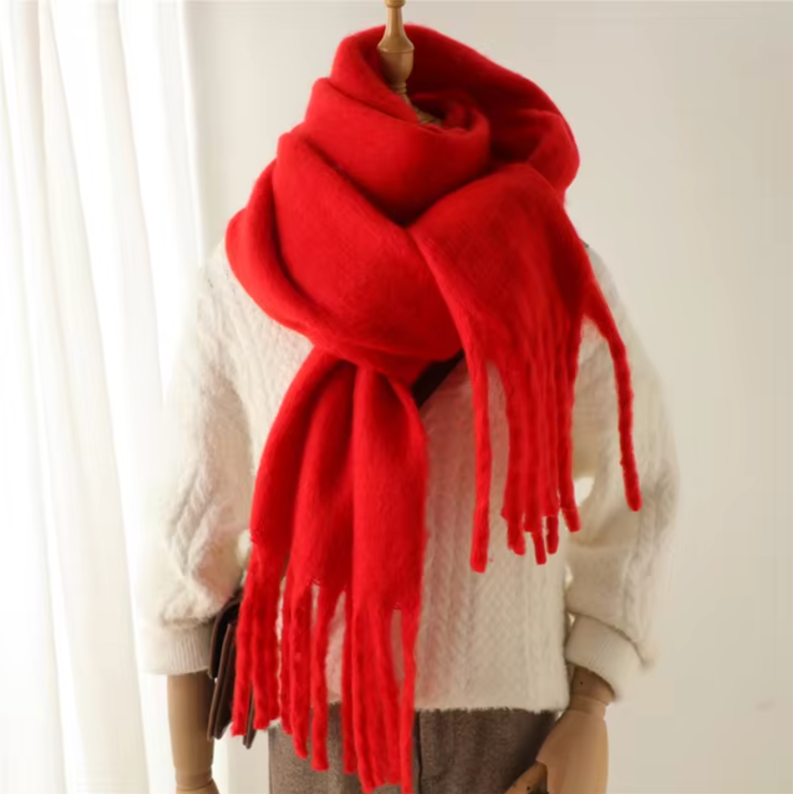 SUENTA Kaschmir-Winter-Schal cashmere-ähnlichem Stoff Lange Fransen Rot Einheitsgröße
