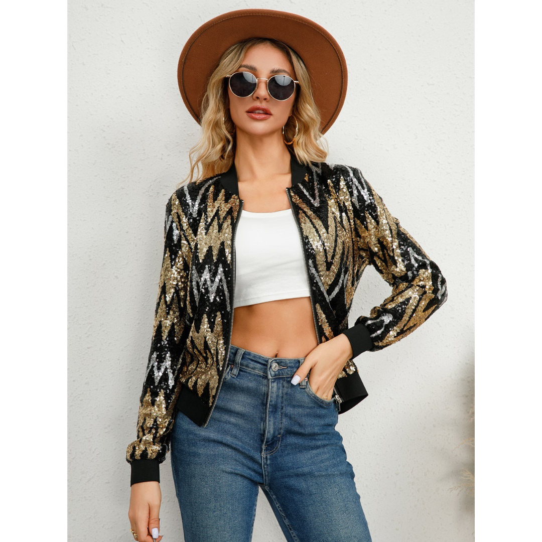 SUENTA Damen Schicke Reißverschlussjacke Für Paillette Glitzer
