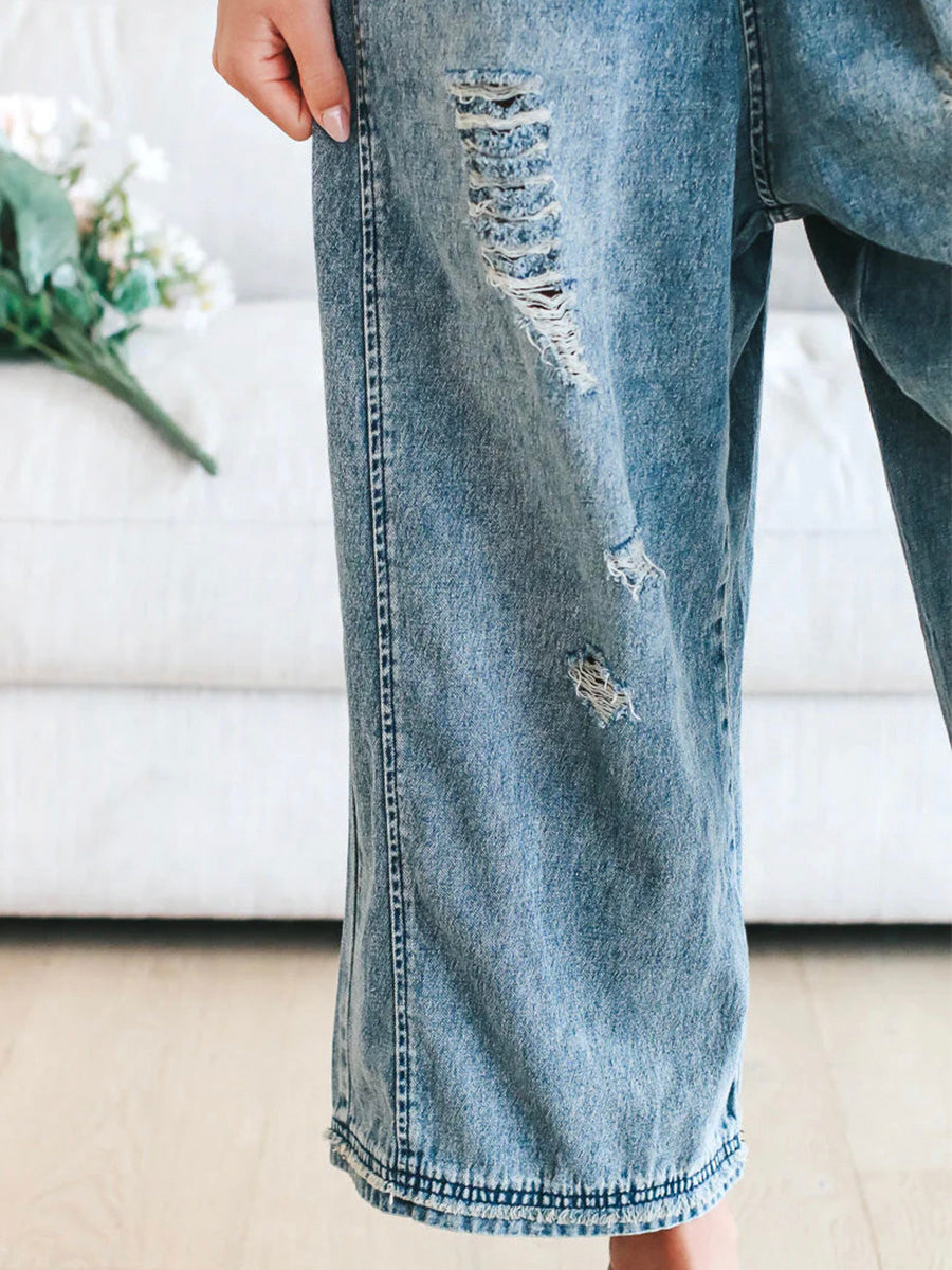 SUENTA Damen Denim Latzhose – Lockerer Distressed Overall aus Gewaschenem Denim