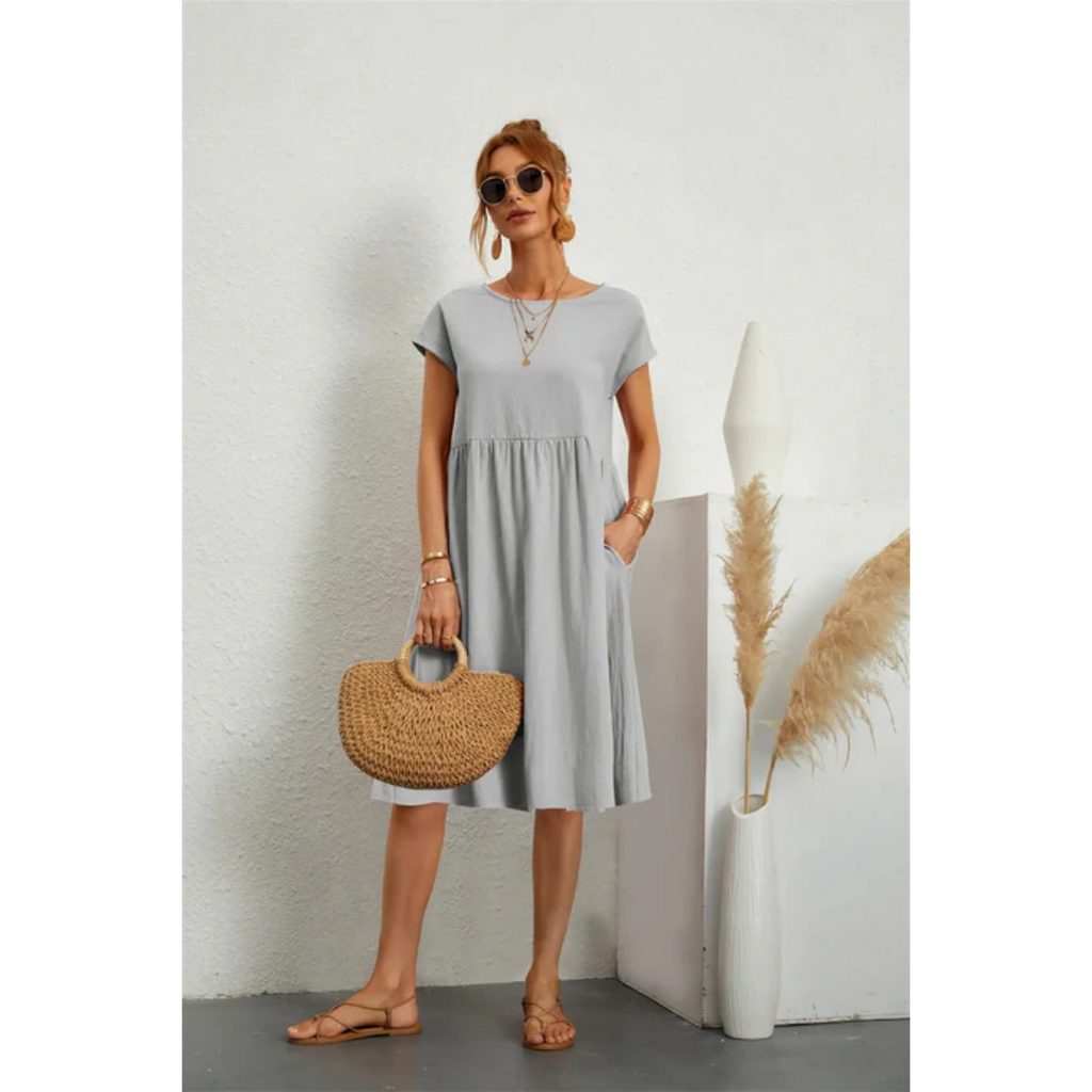 SUENTA Damen Sommerkleid – Midi Kleid mit Kurzen Ärmeln aus Hochwertigem Stoff Grau