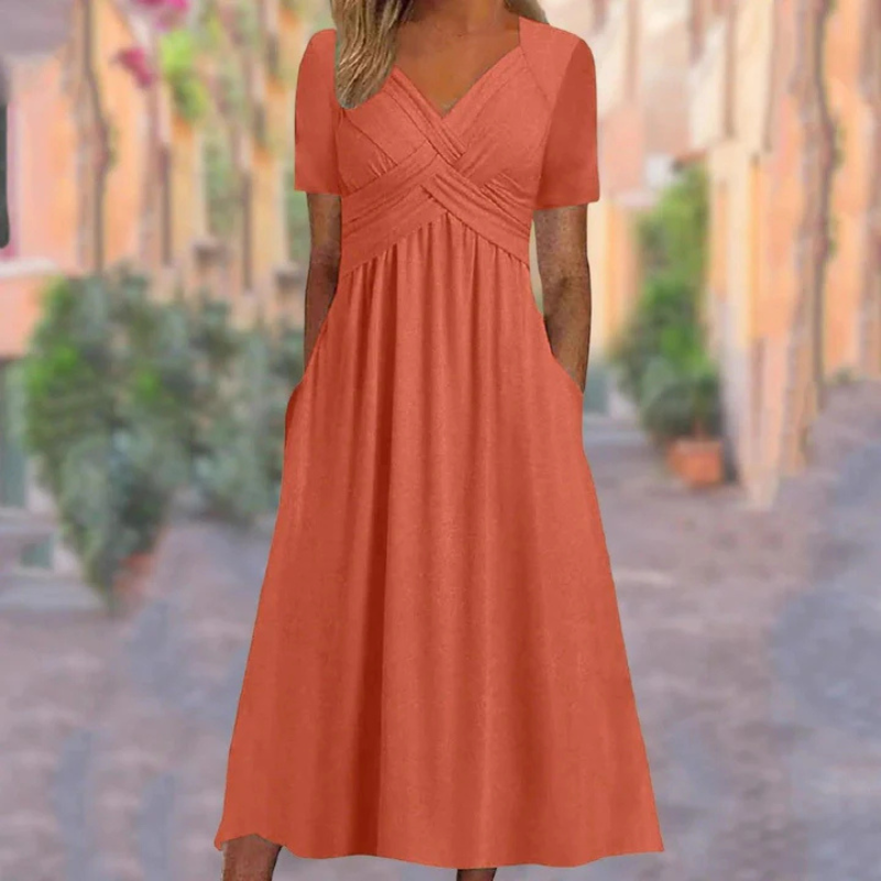 SUENTA Damen Weiches Midi-Kleid - A-Linie mit V-Ausschnitt Orange