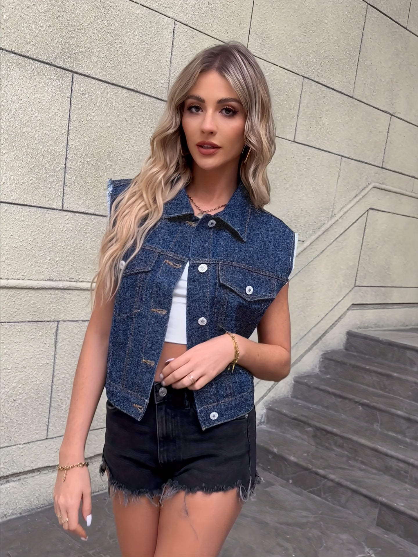 SUENTA Damen Ärmellose Jeansjacke mit Pattentaschen Denim-Look Zeitlos