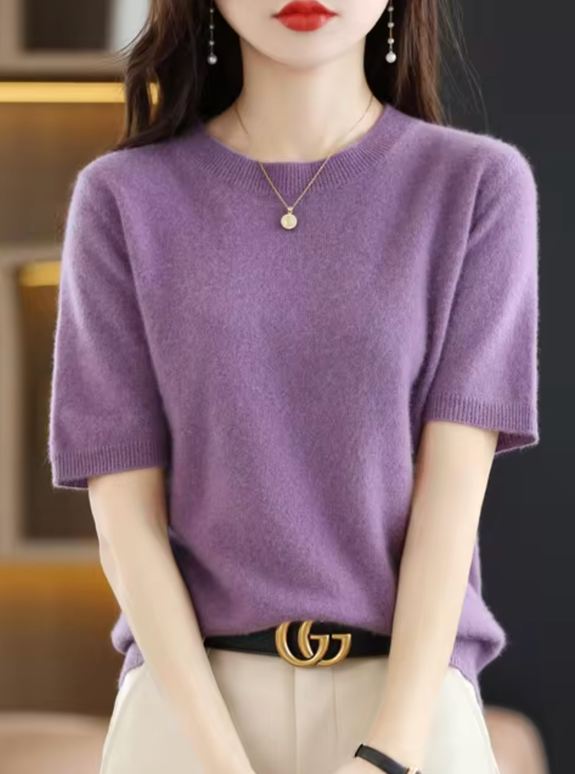 SUENTA Kurzärmliger Pullover aus Wolle Weiche Wärme Lila